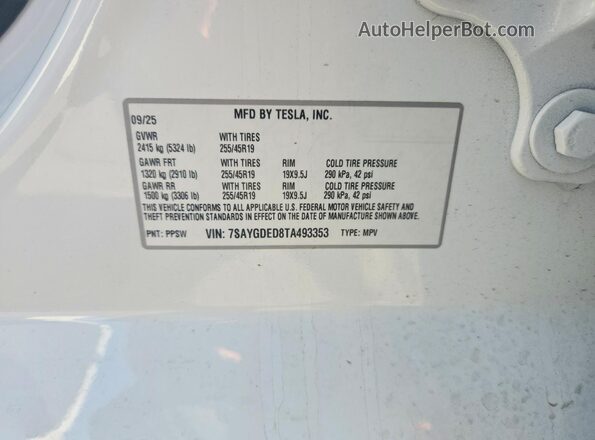 7SAYGDED8TA493353 2026 TESLA MODEL White Вид підкапотного простору