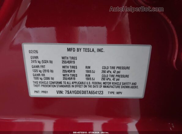 7SAYGDED8TA654123 2026 TESLA MODEL Y Красный Вид подкапотного пространства