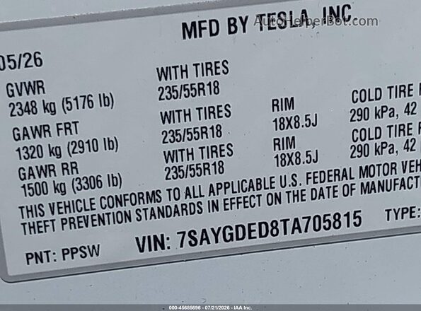 7SAYGDED8TA705815 2026 TESLA MODEL Y White ძრავის განყოფილების ხედი