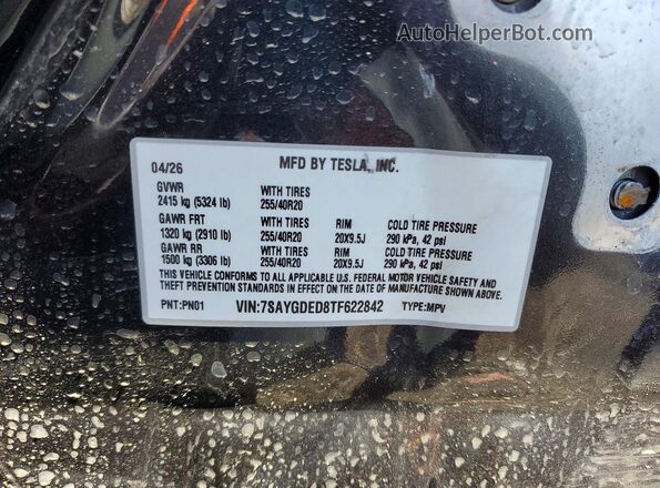 7SAYGDED8TF622842 2026 TESLA MODEL Charcoal VIN კოდის სტიკერის ხედი