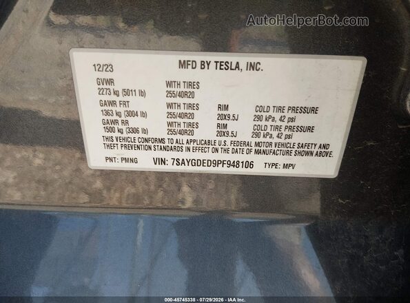 7SAYGDED9PF948106 2023 TESLA MODEL Y Gray Շարժիչի բաժամունքի տեսք