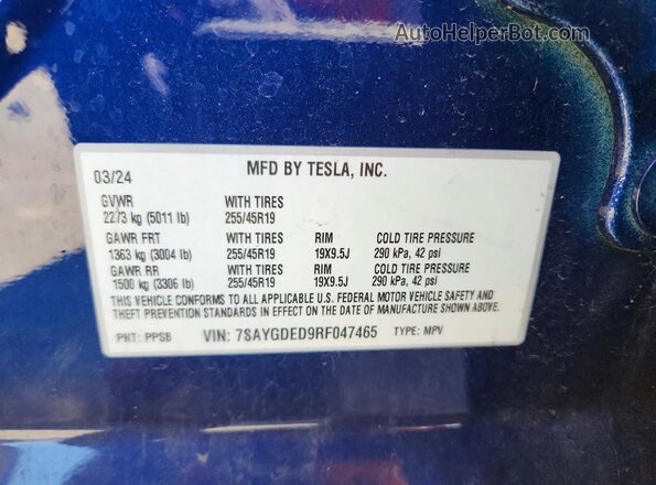 7SAYGDED9RF047465 2024 TESLA MODEL Blue Вид наклейки з VIN-кодом