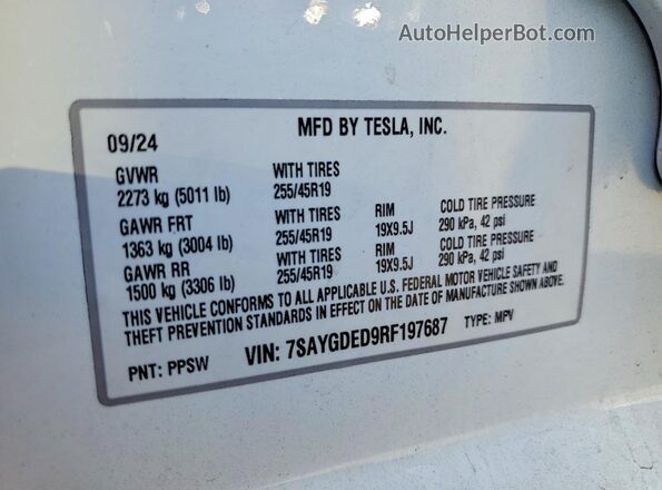 7SAYGDED9RF197687 2024 TESLA MODEL White VIN კოდის სტიკერის ხედი