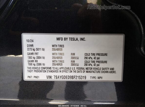 7SAYGDED9SF215319 2025 TESLA MODEL Y Black Вид підкапотного простору