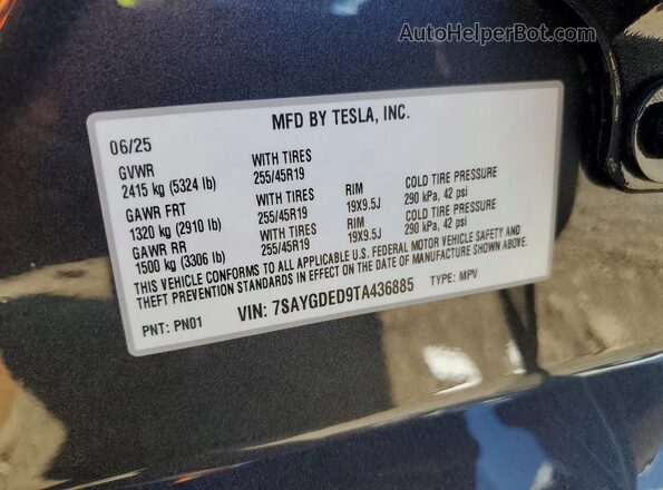 7SAYGDED9TA436885 2026 TESLA MODEL Charcoal Vista de la etiqueta del VIN