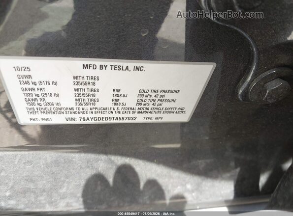 7SAYGDED9TA587032 2026 TESLA MODEL Y Gray Engine compartment view
