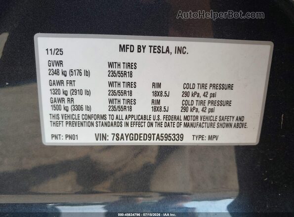 7SAYGDED9TA595339 2026 TESLA MODEL Y Gray Вид підкапотного простору