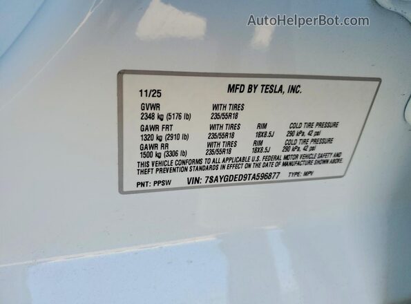 7SAYGDED9TA596877 2026 TESLA MODEL White VIN კოდის სტიკერის ხედი