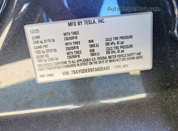7SAYGDED9TA608445 2026 TESLA MODEL Charcoal Engine compartment view