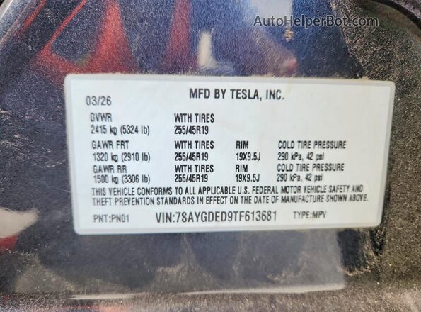 7SAYGDED9TF613681 2026 TESLA MODEL Gray VIN კოდის სტიკერის ხედი