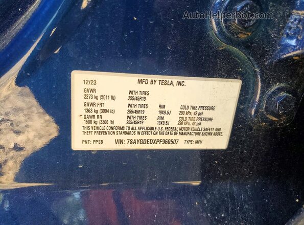 7SAYGDEDXPF960507 2023 TESLA MODEL Blue სალონის 360-გრადუსიანი ხედი