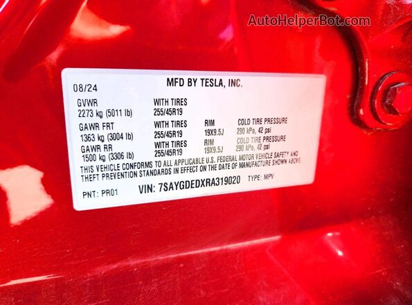 7SAYGDEDXRA319020 2024 TESLA MODEL Red Vista de la etiqueta del VIN
