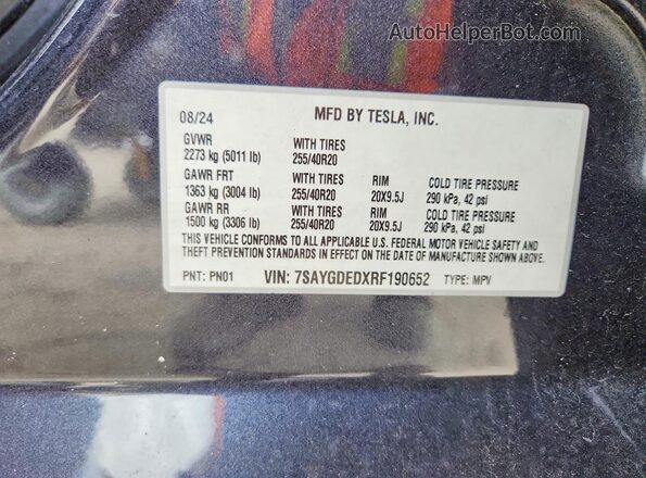 7SAYGDEDXRF190652 2024 TESLA MODEL Gray VIN sticker view