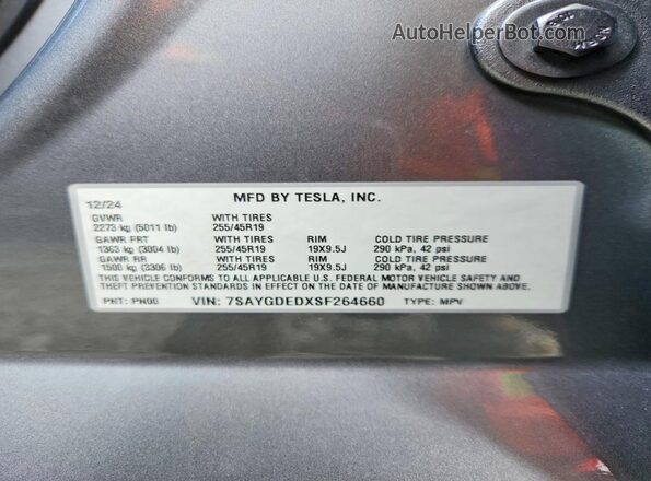 7SAYGDEDXSF264660 2025 TESLA MODEL Gray VIN կոդի պիտակի տեսք
