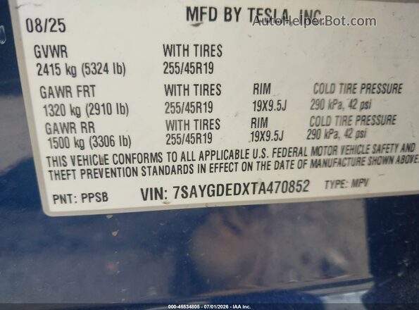 7SAYGDEDXTA470852 2026 TESLA MODEL Y Blue Engine compartment view