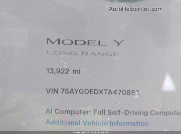 7SAYGDEDXTA470852 2026 TESLA MODEL Y Blue Rear interior view