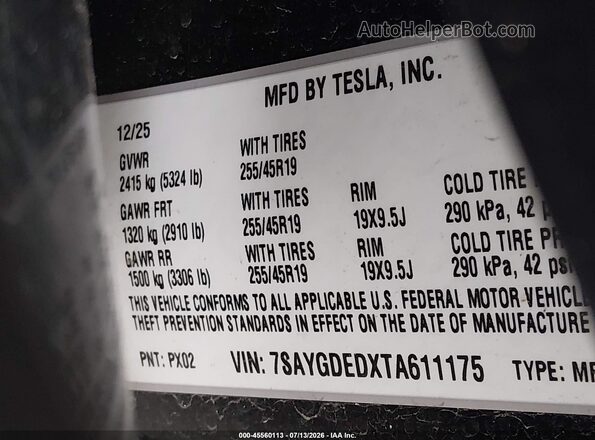 7SAYGDEDXTA611175 2026 TESLA MODEL Y Черный Вид подкапотного пространства