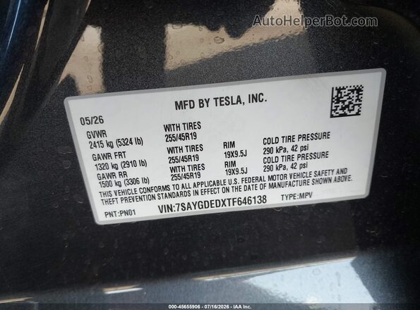 7SAYGDEDXTF646138 2026 TESLA MODEL Y Black Vista del compartimento del motor