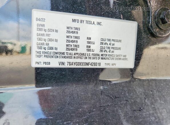 7SAYGDEE0NF426518 2022 TESLA MODEL Black Vista de la etiqueta del VIN