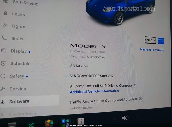 7SAYGDEE0PA060317 2023 TESLA MODEL Y Синий Панорамный вид салона 360°