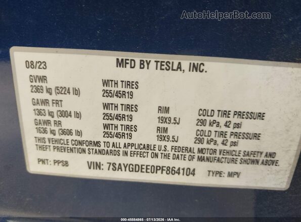 7SAYGDEE0PF864104 2023 TESLA MODEL Y Blue Vista del compartimento del motor