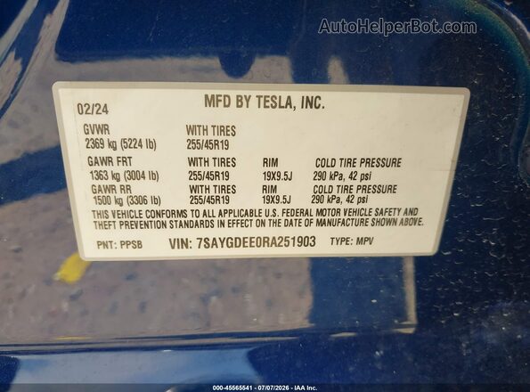 7SAYGDEE0RA251903 2024 TESLA MODEL Y Blue Շարժիչի բաժամունքի տեսք