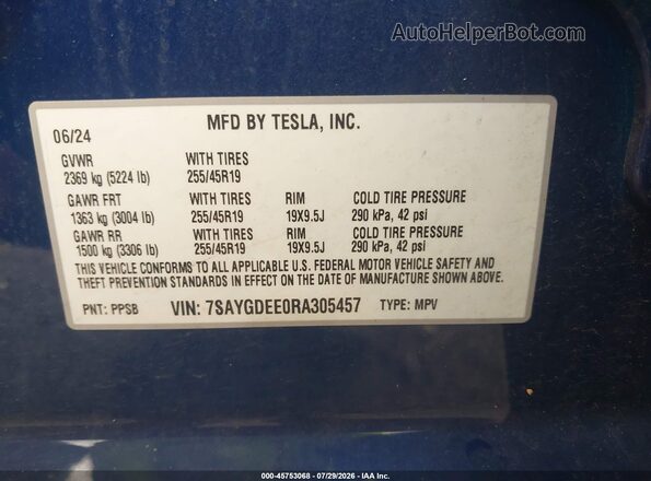 7SAYGDEE0RA305457 2024 TESLA MODEL Y Dark Blue Շարժիչի բաժամունքի տեսք