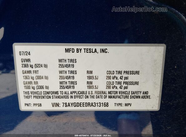 7SAYGDEE0RA313168 2024 TESLA MODEL Y Синий Вид подкапотного пространства