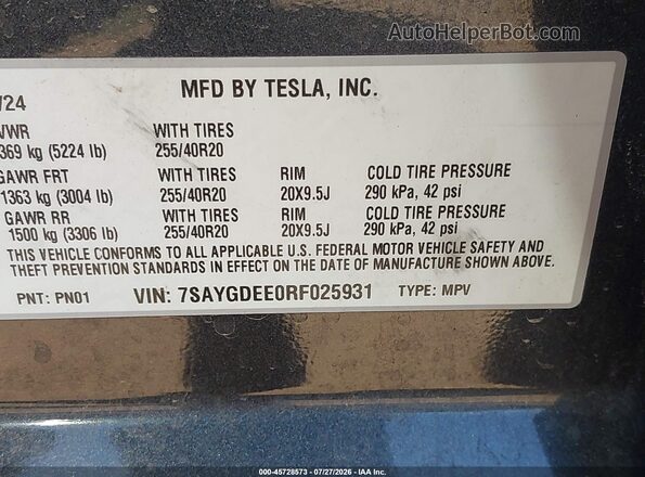 7SAYGDEE0RF025931 2024 TESLA MODEL Y Gray Engine compartment view