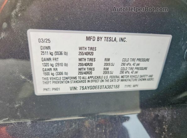 7SAYGDEE0TA382188 2026 TESLA MODEL Gray VIN sticker view
