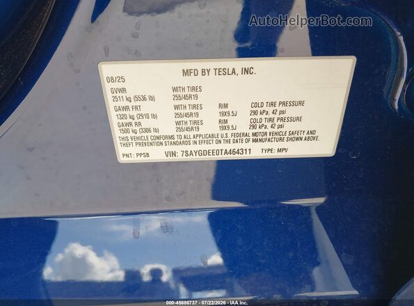 7SAYGDEE0TA464311 2026 TESLA MODEL Y Blue ძრავის განყოფილების ხედი