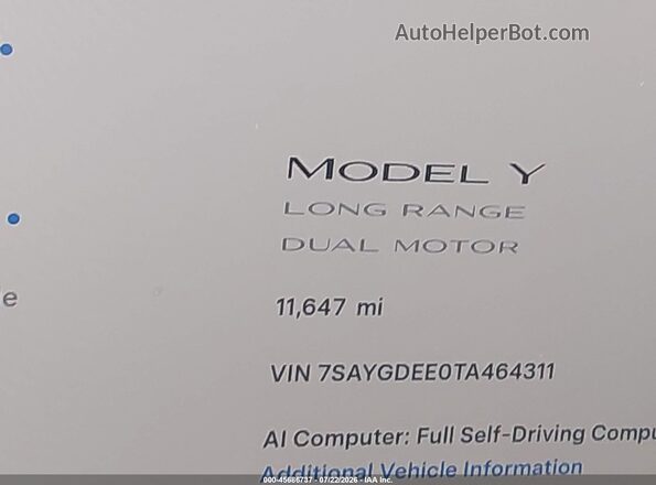 7SAYGDEE0TA464311 2026 TESLA MODEL Y Blue სალონის 360-გრადუსიანი ხედი