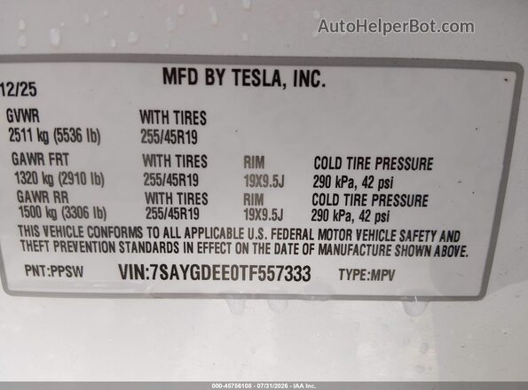 7SAYGDEE0TF557333 2026 TESLA MODEL Y White ძრავის განყოფილების ხედი