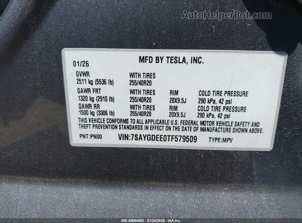 7SAYGDEE0TF579509 2026 TESLA MODEL Y Gray Engine compartment view