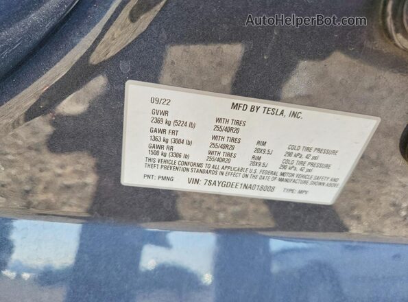 7SAYGDEE1NA018008 2022 TESLA MODEL Charcoal VIN կոդի պիտակի տեսք