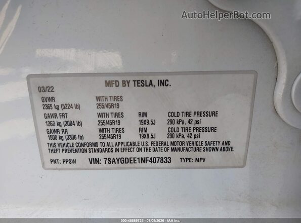 7SAYGDEE1NF407833 2022 TESLA MODEL Y Белый Вид наклейки с VIN-кодом
