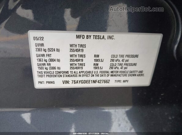 7SAYGDEE1NF427662 2022 TESLA MODEL Y Gray Շարժիչի բաժամունքի տեսք