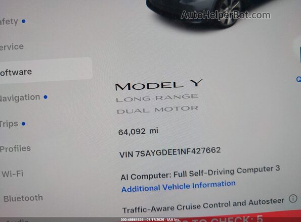 7SAYGDEE1NF427662 2022 TESLA MODEL Y Gray Հետևի նստատեղերի տեսք