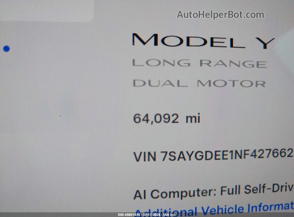 7SAYGDEE1NF427662 2022 TESLA MODEL Y Gray 