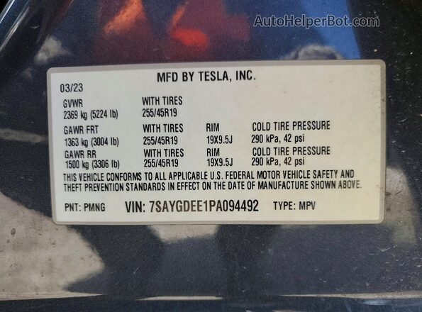 7SAYGDEE1PA094492 2023 TESLA MODEL Gray Вид наклейки з VIN-кодом