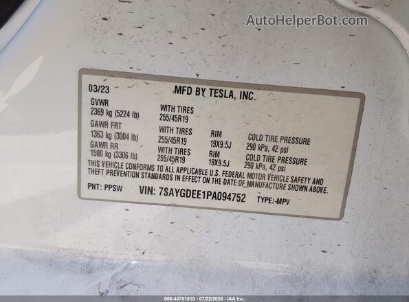 7SAYGDEE1PA094752 2023 TESLA MODEL Y Белый Вид подкапотного пространства