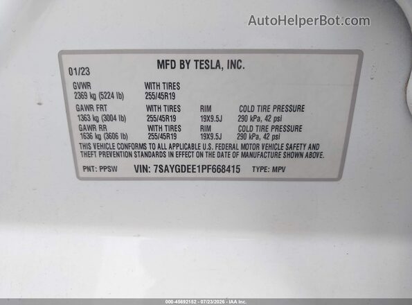 7SAYGDEE1PF668415 2023 TESLA MODEL Y White Widok komory silnika