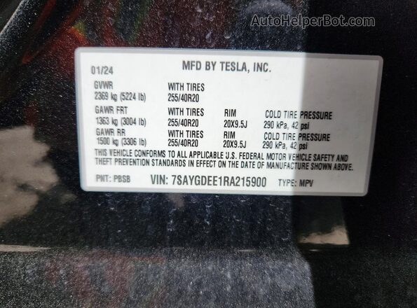 7SAYGDEE1RA215900 2024 TESLA MODEL Black VIN კოდის სტიკერის ხედი
