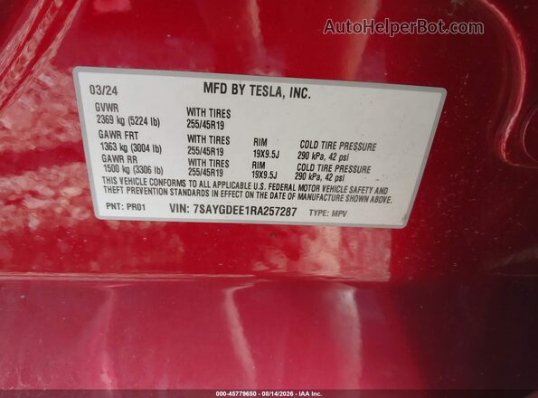 7SAYGDEE1RA257287 2024 TESLA MODEL Y Red Вид підкапотного простору