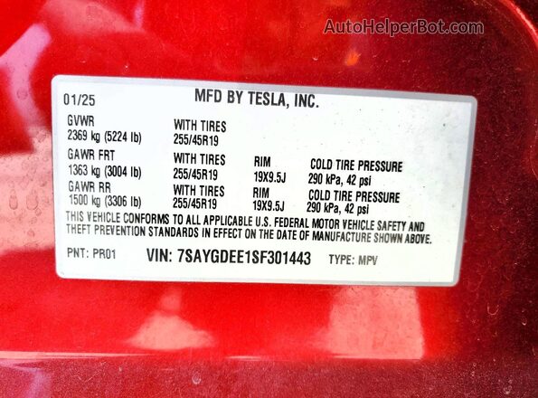 7SAYGDEE1SF301443 2025 TESLA MODEL Красный Вид наклейки с VIN-кодом