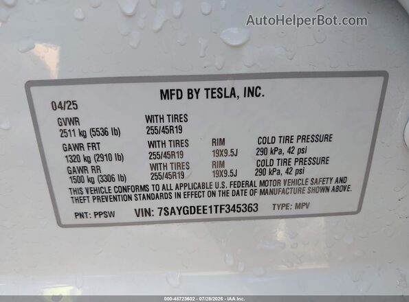 7SAYGDEE1TF345363 2026 TESLA MODEL Y Белый Вид подкапотного пространства