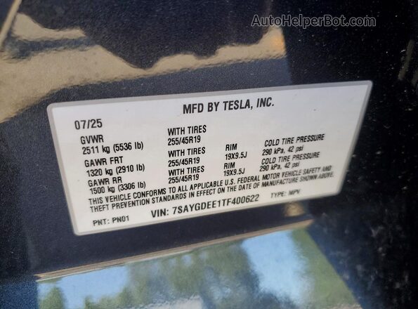 7SAYGDEE1TF400622 2026 TESLA MODEL Black Widok naklejki z numerem VIN