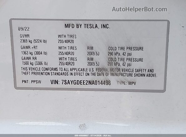 7SAYGDEE2NA014498 2022 TESLA MODEL Y White Engine compartment view