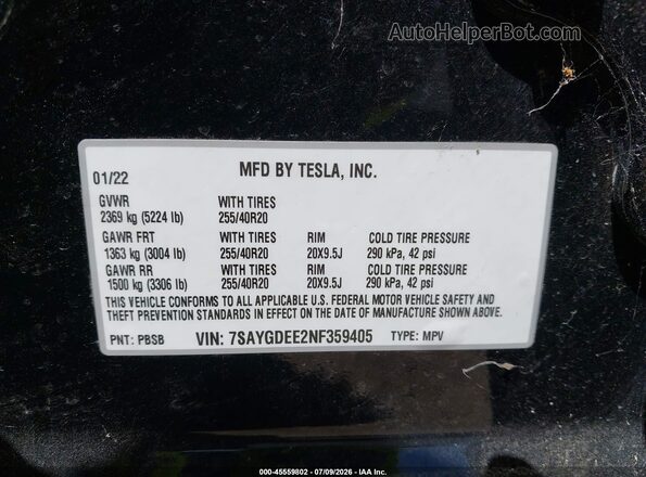 7SAYGDEE2NF359405 2022 TESLA MODEL Y Black Widok komory silnika