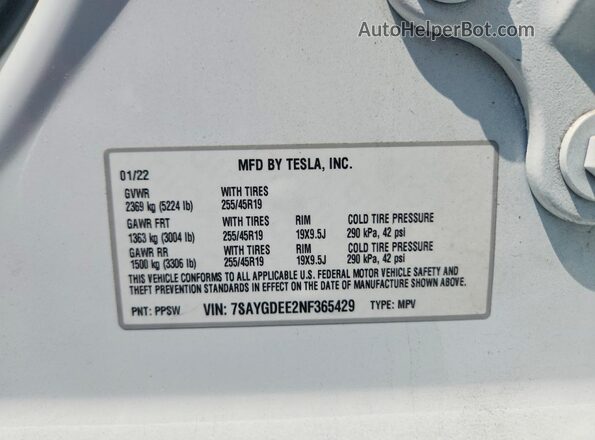 7SAYGDEE2NF365429 2022 TESLA MODEL White Вид підкапотного простору